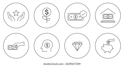 icons related to coins. Linear icon collection. Payment icons set  black payment and finance vector icon set featuring cash . 