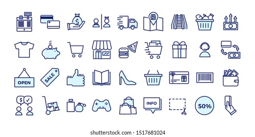 Icons related with commerce, shops, shopping malls, retail. Vector illustration filled outline design set