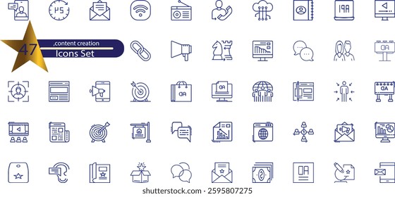 icons related to content creation, media. Linear icon collection.
