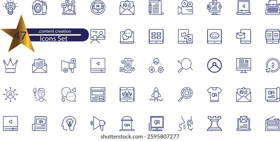 icons related to content creation, media. Linear icon collection.