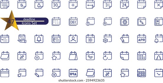 icons related to deadline. Linear icon collection. Editable stroke.