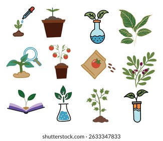 Icons related to gardening and plant care, including a droplet device, potted plants, a magnifying glass, tomato plants, a seed packet, various leaves, a book, and lab equipment with water.