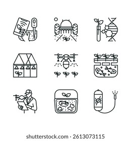 Icons related to gardening: soil sensor, agricultural robot, genetic technologies, greenhouse, drone, aquaponics, drone operation specialists, smart composters, and pesticide-free solutions