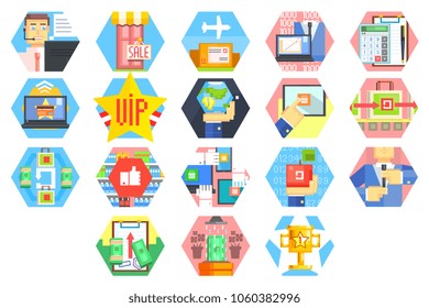 Icons related internet business and finance theme. Customer service from acceptance of orders and payment to packaging and delivery. Colorful flat vector design