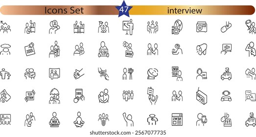  icons related to interview. Linear icon collection. Editable stroke.