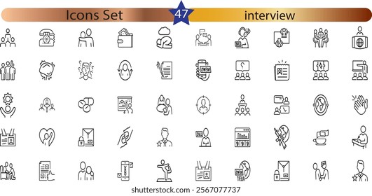  icons related to interview. Linear icon collection. Editable stroke.