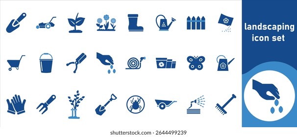 Icons related to landscaping, gardening, lines, tools, outlines, design, farming, black, garden, pruning, compost, garden tools, watering plants, garden shears, garden kit and more.