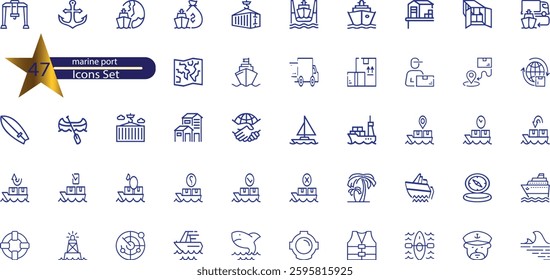  icons related to marine port. Linear icon collection.