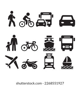 Icons related to means of transport, bus, car, boats, pedestrian, motorcycle and plane.