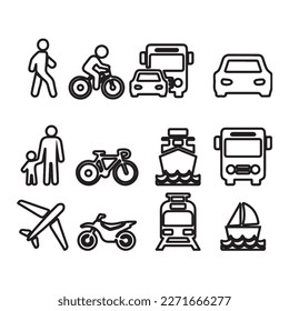 Icons related to means of transport, bus, car, boats, pedestrian, motorcycle and plane.