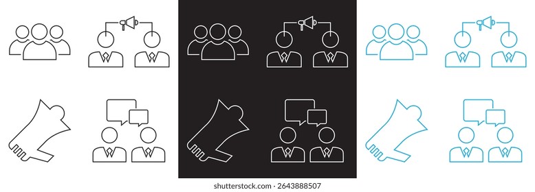 Ícones relacionados a relações públicas . Vetor para sites, interfaces móveis, apresentações, banner, marca visual etc. Ilustração vetorial. isolada no plano de fundo branco e preto. EPS 10