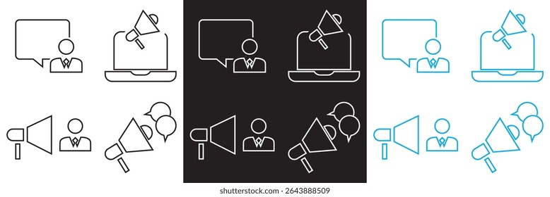 Ícones relacionados a relações públicas . Vetor para sites, interfaces móveis, apresentações, banner, marca visual etc. Ilustração vetorial. isolada no plano de fundo branco e preto. EPS 10