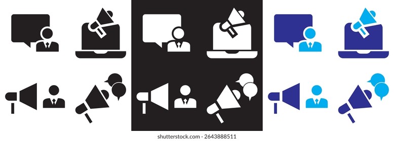 Ícones relacionados a relações públicas . Vetor para sites, interfaces móveis, apresentações, banner, marca visual etc. Ilustração vetorial. isolada no plano de fundo branco e preto. EPS 10