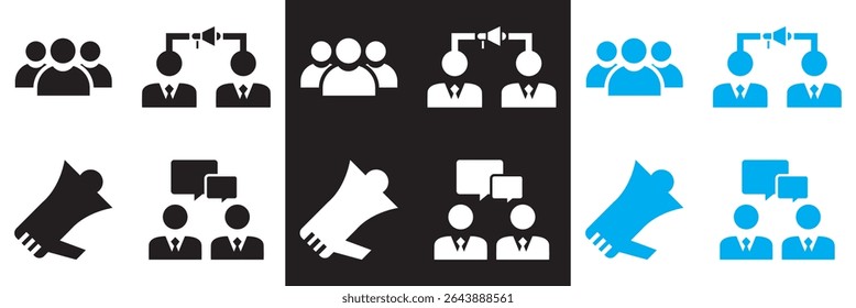 Ícones relacionados a relações públicas . Vetor para sites, interfaces móveis, apresentações, banner, marca visual etc. Ilustração vetorial. isolada no plano de fundo branco e preto. EPS 10