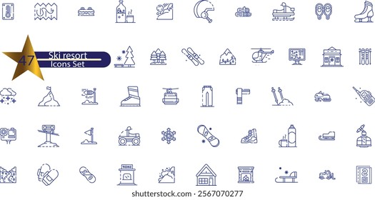  icons related to skiing. Linear icon collection. Editable stroke.