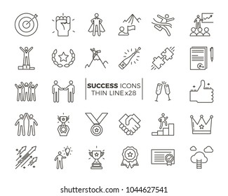 Icons related with success, motivation, willpower, leadership, determination and growth. Vector pictogram thematic set. Objects and dynamic character actions