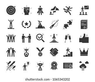 Icons related with success, motivation, willpower, leadership, determination, effectiveness and growth. Vector pictogram thematic set in glyph style. Objects and dynamic character actions