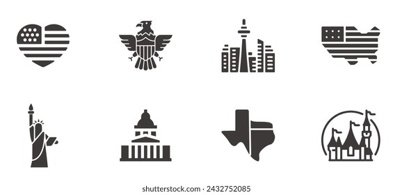 Icons bezogen auf USA. Gebäude, Flaggen und Symbole über die Vereinigten Staaten von Amerika.