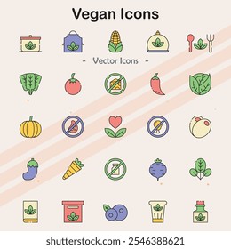 Icons related to vegan lifestyle and plant-based foods.