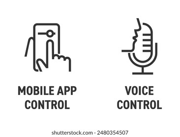 Icons for remote control of any Smart home device - via Mobile app or microphone, voice control. Pictograms for labeling in bold line