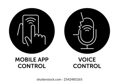 Ícones para controle remoto de qualquer dispositivo Smart home - via aplicativo móvel ou microfone, controle de voz. Pictogramas para rotulagem em linhas finas e em círculos