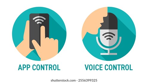Icons for remote control of any Smart home device - via Mobile app or microphone, voice control. Colorful pictograms for labeling in circle shapes