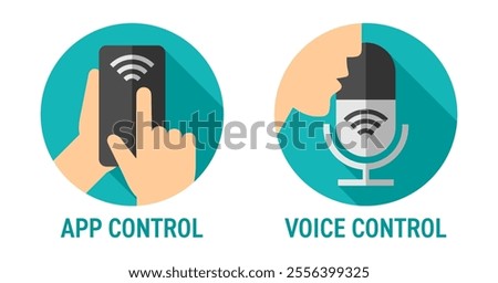 Icons for remote control of any Smart home device - via Mobile app or microphone, voice control. Colorful pictograms for labeling in circle shapes