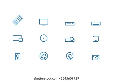 Icons of remote control, Mi TV Mi Box, television, set top box, AC, Fan, Smart box, A V Receiver, DVD player, Projector, Chinese satellite TV and Camera.In blue outlane style.Vector illustration.