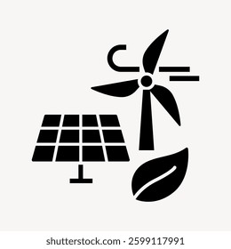 Icons of renewable energy: solar panel, wind turbine, and leaf. Symbols of sustainability and eco-friendly energy sources. Renewable energy icons. User interface icon vector.