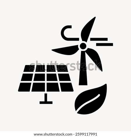Icons of renewable energy: solar panel, wind turbine, and leaf. Symbols of sustainability and eco-friendly energy sources. Renewable energy icons. User interface icon vector.