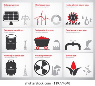 Icons for renewable and non-renewable energy sources: solar, wind, water, petroleum, coal, geothermal, gas, nuclear and biofuel.