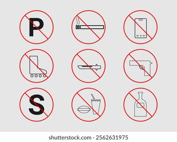 The icons represent various prohibited activities and objects, including parking