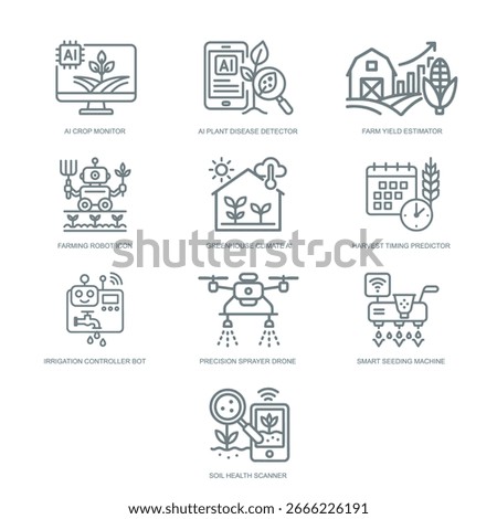 Icons representing agricultural robots, smart farming systems, AI-controlled irrigation, and crop analysis.