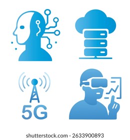Icons representing AI, cloud, 5G, and VR.