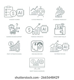 Ícones que representam o uso da IA em fintech, lógica analítica e tomada de decisões empresariais.
