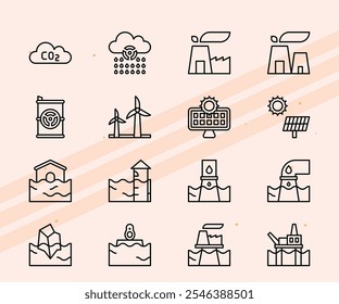 Ícones que representam tecnologias e fontes de energia alternativas.