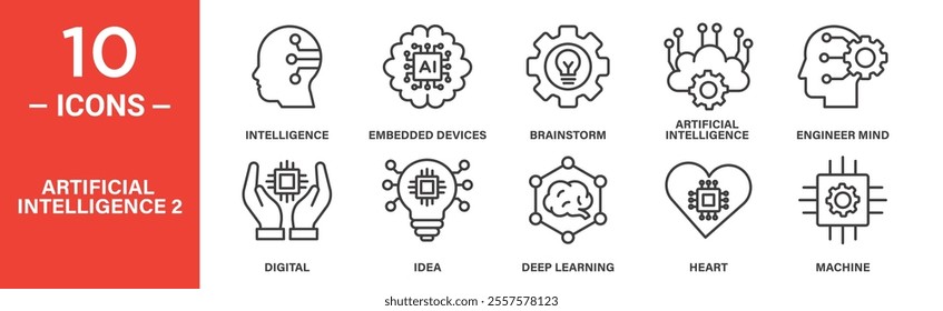 icons representing artificial intelligence concepts, including intelligence, embedded devices, brainstorm, artificial intelligence, engineer mind, digital, idea, deep learning, heart, and machine.