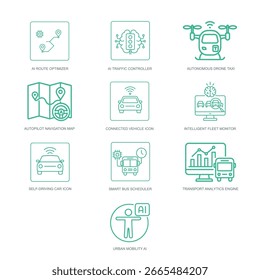 Ícones que representam veículos autônomos, sistemas de tráfego e mobilidade inteligente.