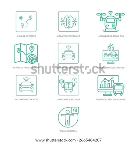 Icons representing autonomous vehicles, traffic systems, and intelligent mobility.