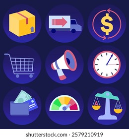 Icons representing business and technology elements, including e-commerce, marketing, and finance, stand out against a dark blue background