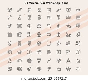 Icons representing car workshop tools and services in a minimalistic style.