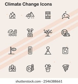 Ícones que representam as mudanças climáticas e questões ambientais.