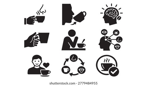 Icons representing coffee aroma consumption mental effects enjoyment experience