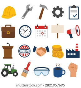 Icons representing construction labor union meeting and work with tools helmet handshake and factory