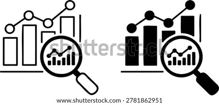 Icons representing data analysis with a magnifying glass examining a bar chart and a line graph