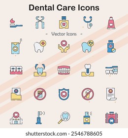 Ícones que representam cuidados dentários, tratamentos e higiene bucal.