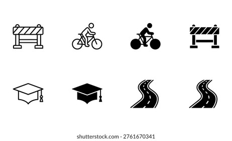 Icons representing education, cycling, roadwork, and weather conditions