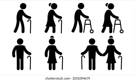 Icons representing the elderly. Elderly men and women