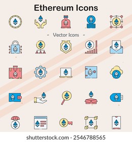 Icons representing Ethereum and blockchain technology.