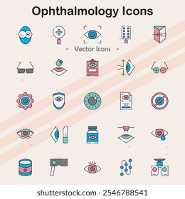 Ícones que representam cuidados com os olhos e oftalmologia.